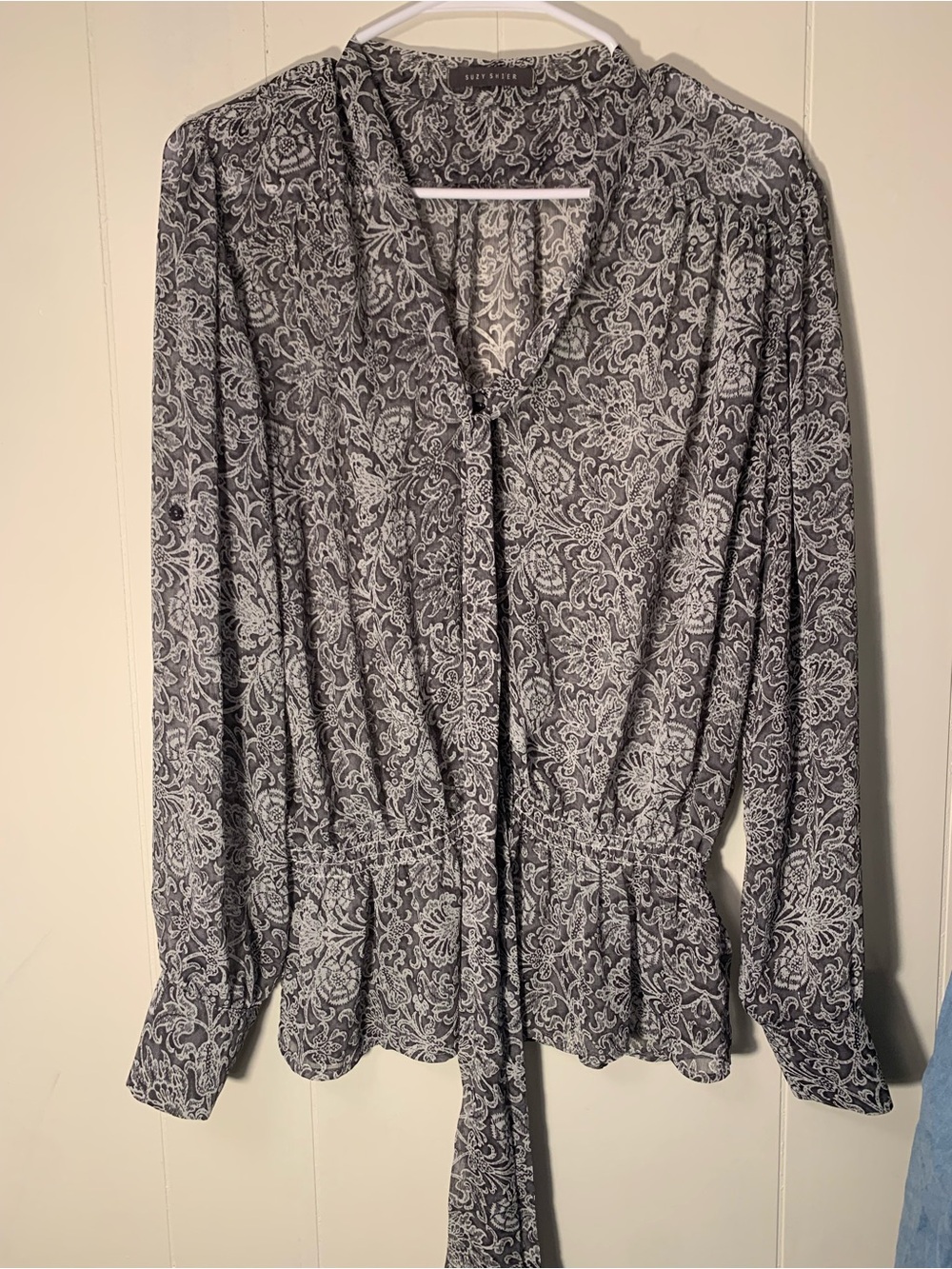 Suzy Shier Gray Paisley Tie-Neck Blouse